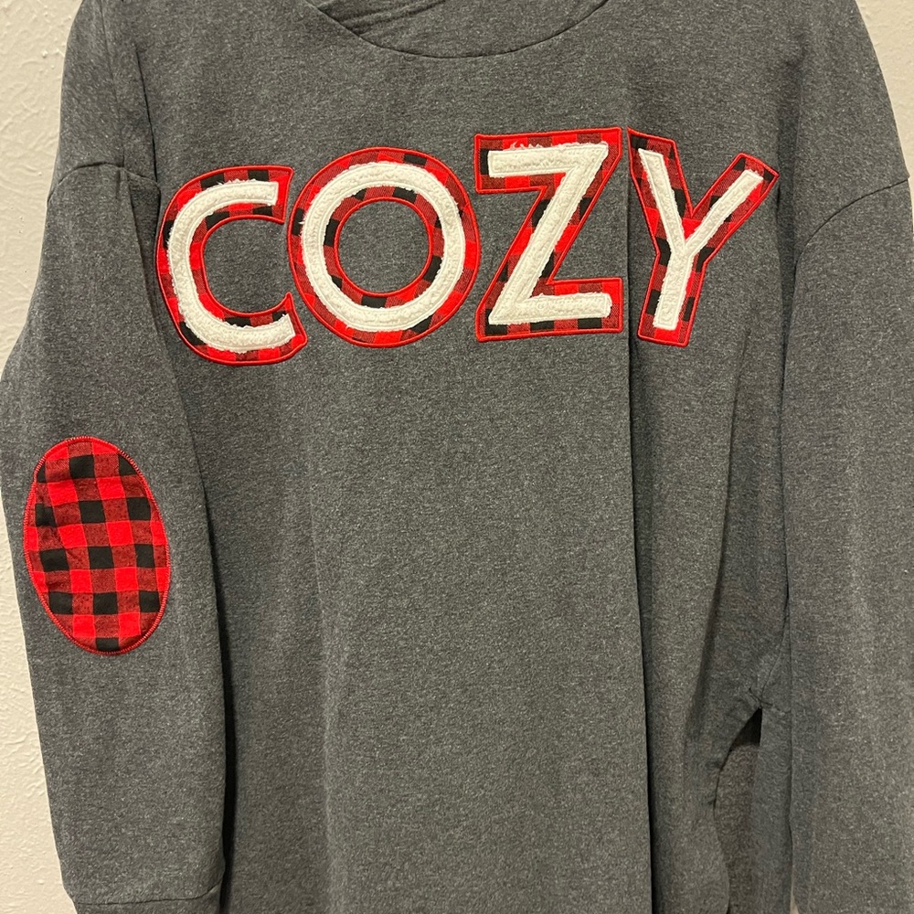 Gray Cozy Sweatshirt with Red Plaid Accents